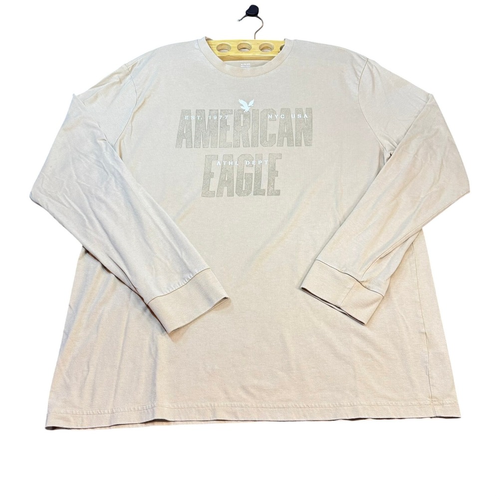 American Eagle Mens XL Super Soft Graphic Long Sleeve T-Shirt Tan Athl Dept 1977
